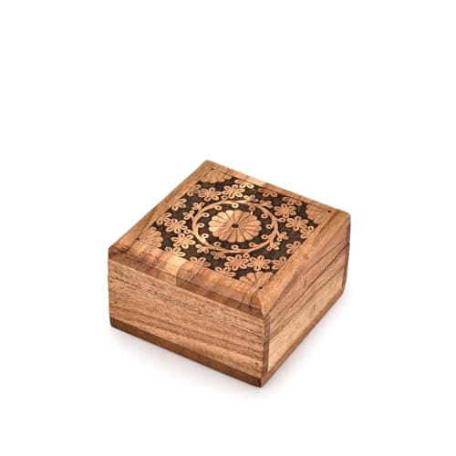 Image of Indus Lifespace Jewelry Boxes Acacia Wood Wooden Box -Decorative Vintage Storage Box - Antique for Keepsakes, Father's Day, Mother's Day, Anniversaries (4" x 4" x 2.5")