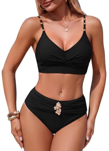 Image of Adigaber Women's Bikini Set Twist Front High Waisted Gold Metal Two Pieces Bathing Suits Swimsuits