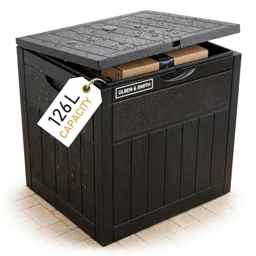 Image of Olsen & Smith 126L Lockable Outdoor Garden Plastic Storage Box Container Chest - Small Lawn Balcony Furniture, Weather Resistant, Wood Panel Effect (Black)
