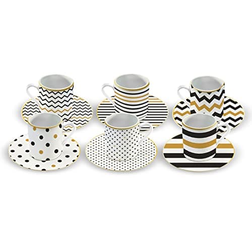 Image of Karaca Nossa Set of 6 Coffee Cups, with Saucer-Turkish Coffee and Espresso Cups, Mocha Cups Set Made of Porcelain-Traditional Porcelain Coffee Service