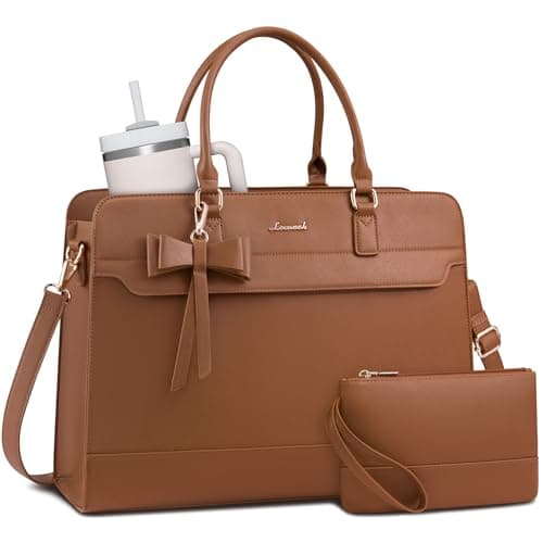 Image of LOVEVOOK Laptop Bags for Women, 15.6 Inch Ladies Handbags Large Work Tote Bags with Compartments, PU Leather Womens Handbag Shoulder Bag for Office School Business Shopping, Brown