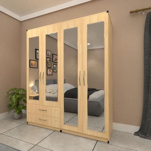 Image of 4 Door Mirrored Wardrobe with 2 Drawers, Pre-Assembled, White and Wood Finish. (Oak)