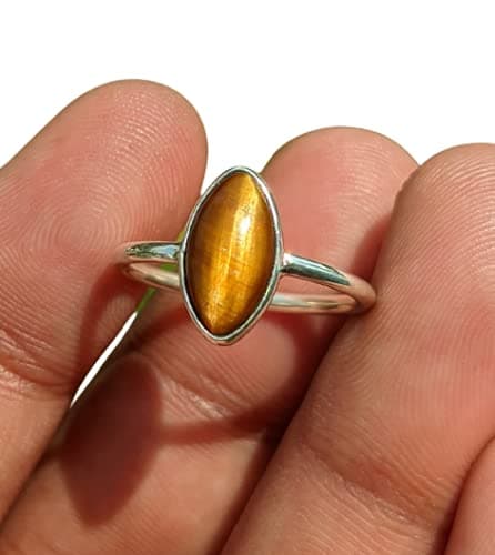 Image of Tiger-eye Silver Ring Natural Marquise Shape Gemstone 925 Sterling Silver Handmade Ring Stacking Women November Birthstone Jewelry All Size Rings From H to Z (UK)