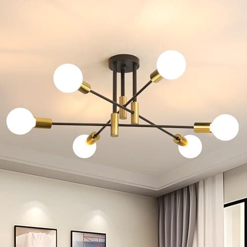 Image of Dorlink Sputnik Ceiling Light, 6 Lights E27 Vintage Black and Gold Flush Mount, Semi-Flush Fitting Modern Sputnik Chandelier Light for Living Room Kitchen Bedroom Dining Room Office