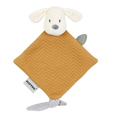 Image of Nattou Comforter Doudou with Ties, 30 x 20 cm, Cuddly Snuggle Blankie, Security Blanket, Extra Soft Cotton/Polyester, Machine Washable, PETA-Approved Vegan, Jacquard, Vanilla Charlie the Dog, Caramel