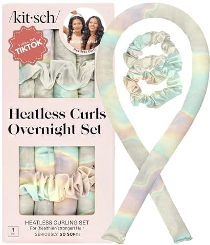 Image of Kitsch Heatless Curling Set - Satin Heatless Curler, Heatless Curlers for Long & Short Hair, Hair Curler No Heat for Heatless Curls, Overnight Curls with 2 Satin Scrunchies & Blowout Rod - Aura