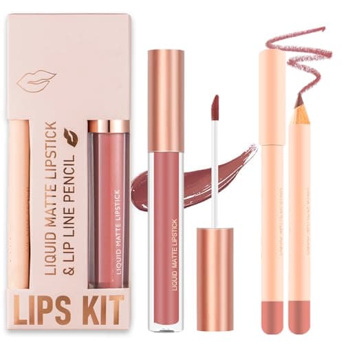 Image of Nude Lip Liner and Lipstick Set, Matte Long Lasting Lip Gloss Pink Non-Sticky Waterproof Velvety Natural Lip Tint Stain Liners Pencil Sets for Women & Girls Makeup Gifts