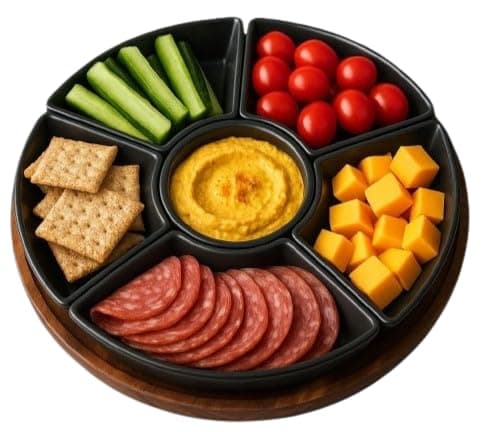 Image of Lazy Susan Rotating, Revolving Dip Set Snack Bowl Serving Platter with 6 Ceramic Dishes Dips, Snacks & Appetisers | Snack Dishes with Turntable | M&W (Black)