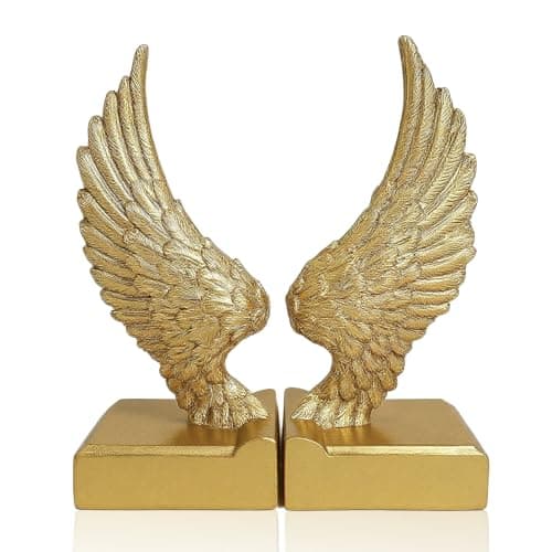 Image of Desklens Vintage Gold Bookends with Angel Wings Decor, Home Decor for Book Shelf Table & Desks,1 Pair/2 Piece for Men Women