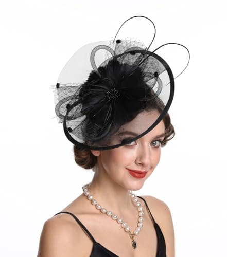 Image of Sinamay Flower Feather Headband Fascinator Wedding Headwear Ladies Race Royal Ascot Pillbox Wedding Cocktail Tea Party Derby Hat for Women(SG-Black