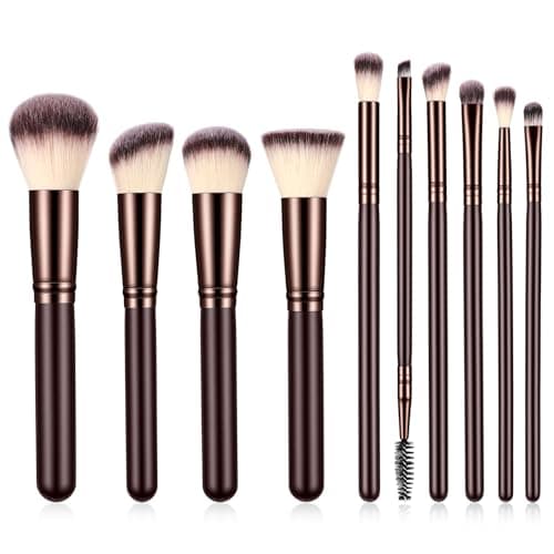 Image of 10 Pcs Brown Makeup Brushes Set Professional Face Brush Set Wooden Handle Make Up Brush Sets Soft Synthetic Bristles Eyeshadow Concealer Foundation Powder Blush Complete Brushes for Women