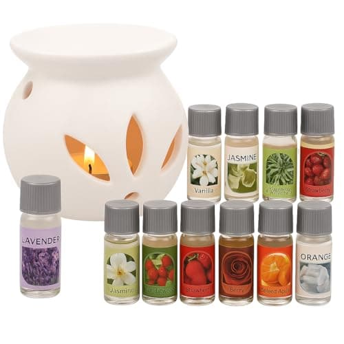 Image of Copper Top Oil Burner Gift Set with 12 Fragrance Oils – Ceramic Aroma Diffuser with Tea Light Candle for Relaxation, Stress Relief & Home Fragrance for Women & Men