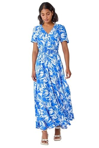 Image of Roman Shirred Empire Waist Dress for Women UK Ladies Midi Maxi Summer Spring Tiered Frill Hem Short Sleeve V Neck Button Through Boho Bohemian Holiday Cruise Royal Blue