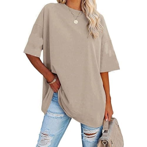 Image of Womens Oversized T Shirts Crew Neck Tees Short Sleeve Cozy Comfy Tunic 2024 Y2K Tops Casual Pullover, Camel, S