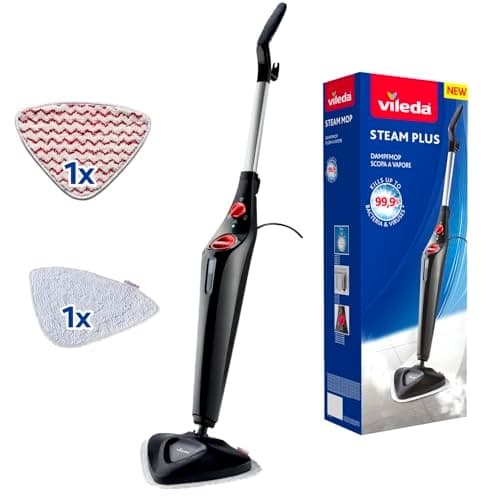 Image of Vileda Steam PLUS Steam Cleaner with Microfibre Cover and PowerPad, Hygienic Floor Cleaning, Removes up to 99.9% of Bacteria and Viruses, for All Floors, Ideal for Carpets, Eco Packaging