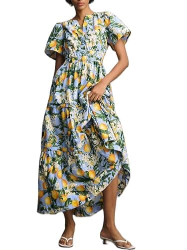Image of Womens Summer Casual Maxi Dress Lady V Neck Puff Short Sleeve Print A Line Flowy Beach Holiday Sundress Boho Style (A-Lemon Yellow, S)