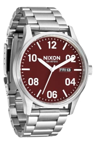 Image of Nixon Sentry SS Stainless Steel Day/Date 42 mm WR 100 Meters Men's Watch A356, Silver/Cranberry, Einheitsgröße, Classic