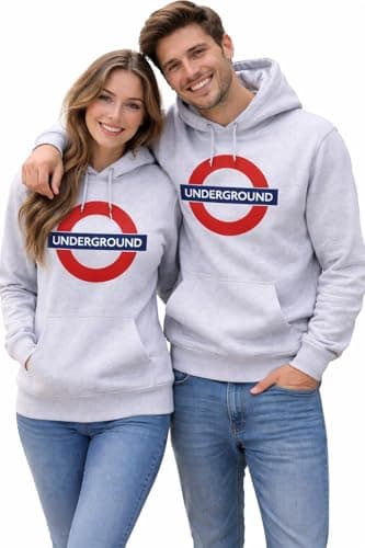 Image of GWCC TFL129 Licensed Unisex Underground Roundel Chain Stitch Embroidery Hoodie | Premium 330GSM Soft Cotton-Blend Sweatshirt | Tube Map Hood Lining | Grey | XS–4XL (UK, Alpha, S, Regular, Regular)