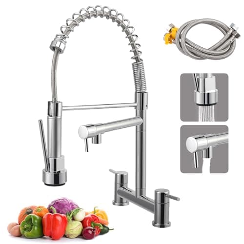 Image of Kitchen Taps Mixer, Sink Mixer Taps 2 Hole Dual Lever, 360° Swivel Alloy Faucet with 2 Spray Modes, Corrosion-Resistant Ceramic Valve, Easy Install 2-Hole Deck Mounted (UK 180mm Centre)(Silver)