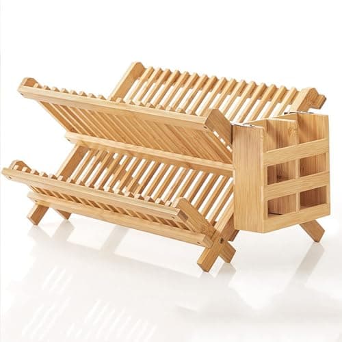 Image of Wooden Dish Rack With Utensils Flatware Holder, Folding Bamboo Dish Drying Rack For Kitchen Counter, 2 Tier Wooden Draining Board