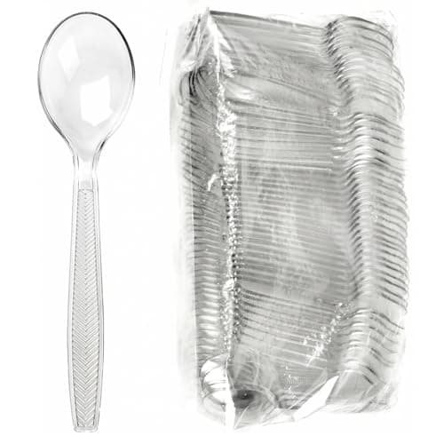 Image of Signature Packaging Re-usable Plastic Cutlery, Heavy Duty Washable Utensils for Dessert, Camping, Picnic & Tea Parties, Non Toxic Disposable for Food & Events - Soup Spoons, Pack of 100