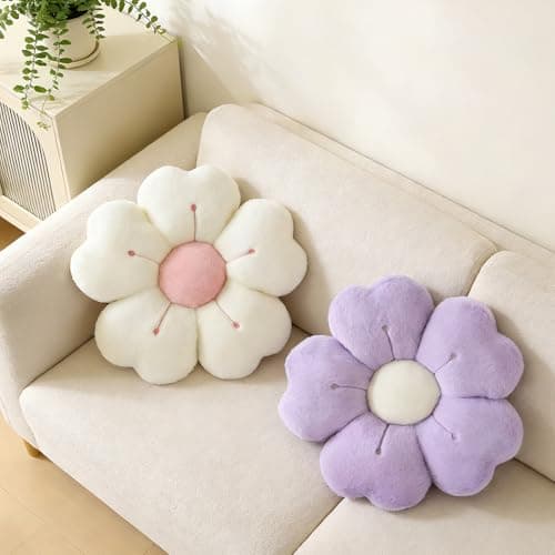 Image of HOVCEH Daisy Pillow, 2 Pack Flower Pillow, 35cm Cute Flower-Shaped Floor Cushion, Pink + White Preppy Cushion Room Decor for Bedroom,Sofa, Couch (white + purple)