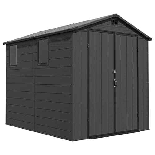 Image of Triumphkey 6x8ft Outdoor Storage Shed, Plastic Garden Shed with Lockable Door, Weatherproof for Bike, Tools & Garbage Bin Storage for Lawn, Patio & Backyard, Dark Gray