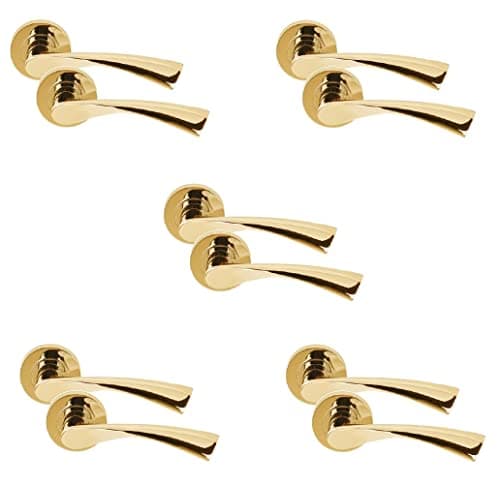 Image of Golden Grace Astrid Twist Design Door Handles On Round Rose in Polished Brass Finish - 5 Pairs