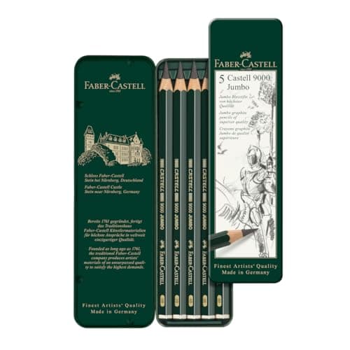 Image of Faber-Castell 5 Piece Quality Castell 9000 Jumbo Graphite Pencils in a Tin, Including HB, 2B, 4B, 6B and 8B