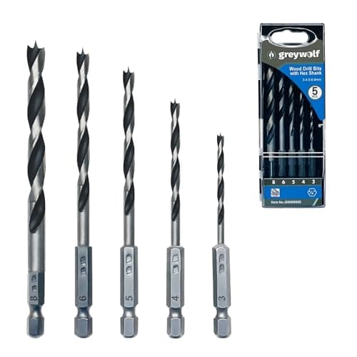 Image of Greywolf 5 pcs Brad Point Wood Drill Bit Set, Double Slot Design, 1/4" Quick Change Hex Shank with Index Box, for Woodworkers and DIY Enthusiasts (3/4/5/6/8mm)