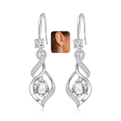 Image of Silver Birthstone Earrings for Women, Hypoallergenic Teardrop Sterling Silver Dangle Dangly Drop Earrings for Women, Ladies Earring Diamond Earring Jewellery Gifts for Her Birthday Christmas