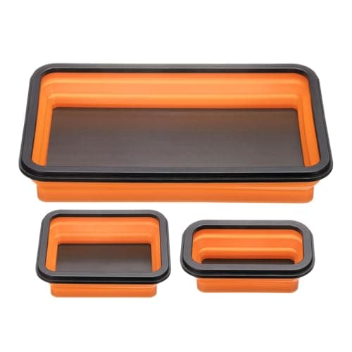 Image of sourcing map 3pcs Collapsible Magnetic Parts Tray Set 3 Different Size Foldable Small Metal Parts Tool Tray Rectangle Silicone Bowls for Fixing Screw Bolts Nuts Washers Pins, Orange