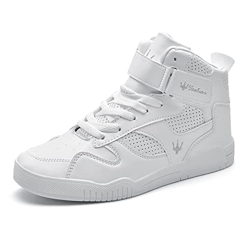 Image of FZUU Men's Fashion High Top Leather Street Sneakers Sports Casual Shoes, White, 6 UK