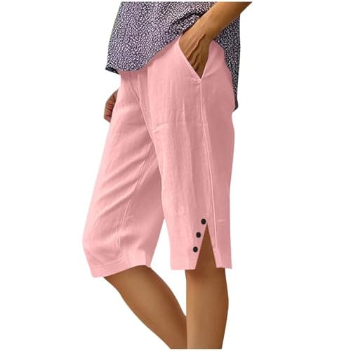 Image of Walking Shorts for Women UK Summer Cotton Linen Elasticated Waist Shorts with Pockets Wide Leg Lightweight Breathable Knee Length Pants Loose Fit Casual Comfy Holiday Beach Pants Pink