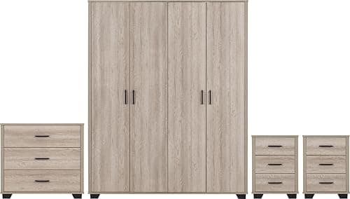 Image of Seconique Oliver 4 Door Wardrobe Bedroom Set in Light Oak Effect