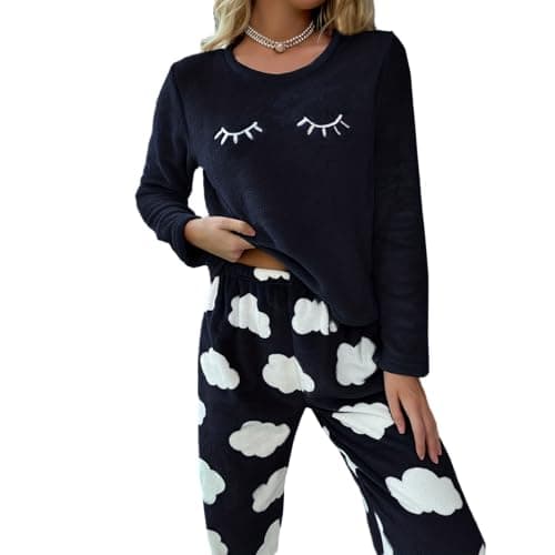 Image of Lomoracy Winter Woman Plush Pajamas Set Pullover Sleepwear Fluffy Homewear Casual Cozy Flannel Pijamas Lady Lingerie Pyjama (Navy,L)