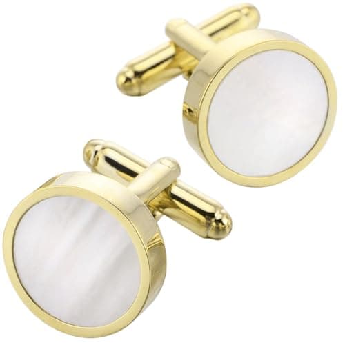 Image of Jonwo One Pair 14K Gold Plated Mother of Pearl Women Men's Cufflinks in Gift Box Round Cuff Links for Business Wedding Anniversary Party (14K Gold Plated Cufflinks)