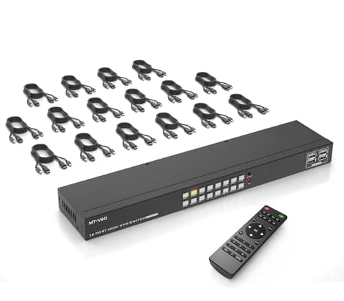 Image of 16 Port KVM Switch HDMI, MT-VIKI 4K@30Hz Rack Mount Console for 16 PCs share 1 monitor w/IR Remote & 16 HDMI Cables & USB Cables
