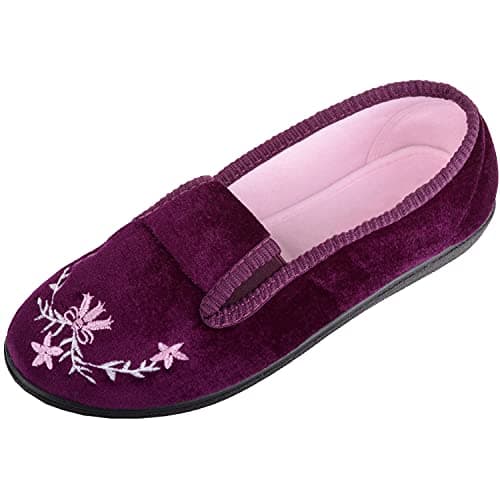 Image of ABSOLUTE FOOTWEAR Womens Slip On Velour Style Twin Gusset Winter Slipper with Floral Design - Heather - UK 6 / EU 39