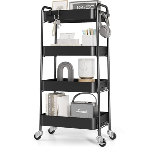 Image of KINGRACK 4 Tier Metal Storage Trolley on Wheels, Beauty Book Craft Tea Art Trolley for Home Bathroom Kitchen Laundry, No screws needed Easy Rolling Utility Cart Mobile Storage Shelving Organizer