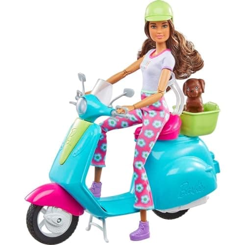 Image of Barbie Fashionistas Doll & Scooter, Travel Playset with Stickers, Pet Puppy & Themed Accessories Like Map & Camera (Amazon Exclusive)