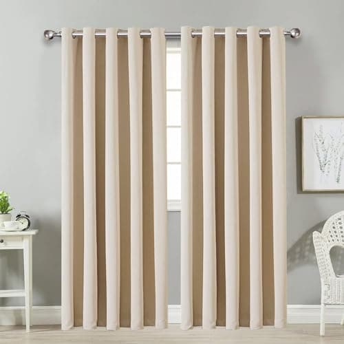 Image of AMEHA Blackout Eyelet Curtains for Living Room Cream Ring Top Curtains Thermal Energy Saving Extra-long Window Treatment Curtain 90x72 Inch 2 Panel with Tiebacks