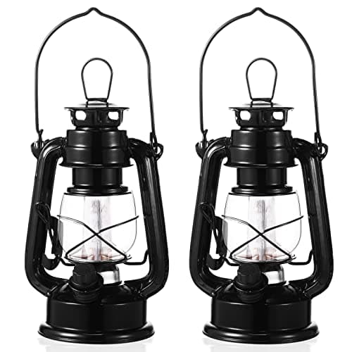 Image of Hortsun 2 Pcs Black Vintage LED Camping Lanterns Warm LEDs and Dimmer Switch Battery Operated Metal Hurricane Farmers Hanging Lantern for Indoor Outdoor Usage Decor (8 Inch)