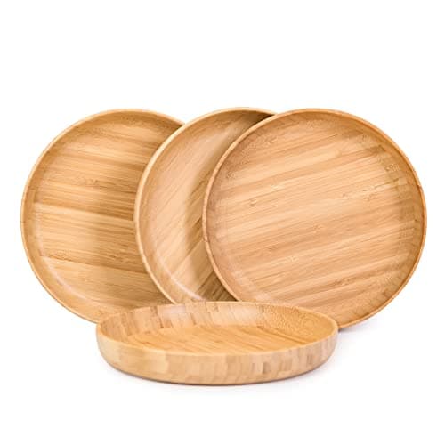 Image of cluzelar Bamboo Plates 7.5Inch Round Bamboo Plate Reusable Dinner Plate Tableware 4PCS Wooden Plates Lightweight Dishes Snack, Dessert, Unbreakable Classic Plate