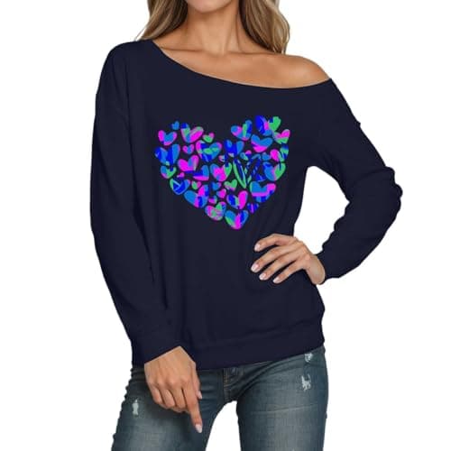 Image of Generisch 2025 Long Sleeve Sweatshirt Off Shoulder Cut Crew Neck Pullover Tops Print Casual Loose Fit Comfortable Soft Stretchy Long Women, navy, M