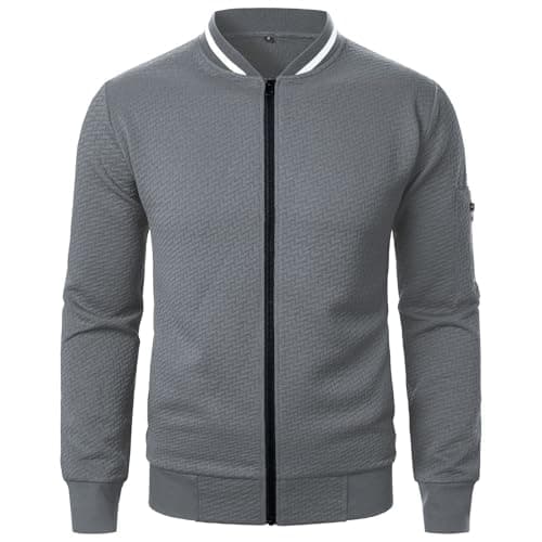 Image of HAOLEI Men's Lightweight Jackets Full Zip Jacquard Casual Light Jackets Workout Running Athletic Windbreaker Waffle Bomber Jacket Sweatshirt Cardigan Varsity Coat with Zipper Dark Gray