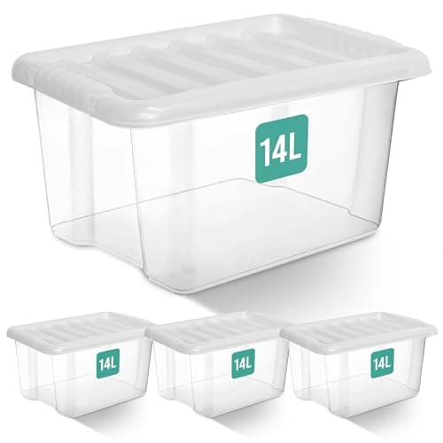 Image of Klass Home Collection 4 x 14 Litre Plastic Storage Boxes With Lids Set of 4, Clear Multipurpose Nestable Stackable Plastic Storage Box With Lid 14L Clear Containers For Home, Kitchen, Garage, Office