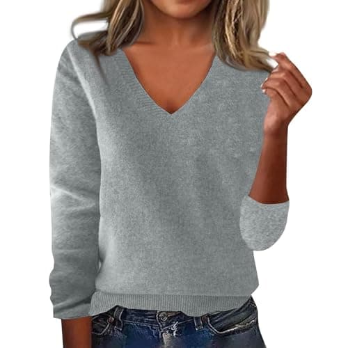 Image of Wool Jumpers for Women UK Women Cashmere Jumpers V Neck Long Sleeve Solid Color Pullover with Ladies A Base Shirt Autumn Winter Loose Warm Sweater Jumper for Womens UK Grey L