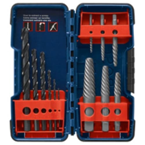 Image of BOSCH BSPE6D spiral slotted screw extractor made of high carbon steel, 12-piece set, ideal for removing insulated screws, bolts, fasteners
