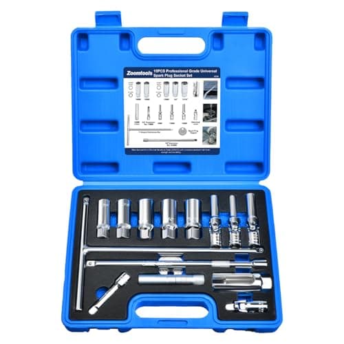Image of Zoomtools 15pcs Magnetic Spark Plug Socket Set(14mm, 16mm, 18mm, 3/4", 13/16") with T-Shaped Extension Bar, 8-12mm Glow Plug Removal Tool, Spark Plug Gapper and Universal Joint, 3/8" Drive, CR-V Steel
